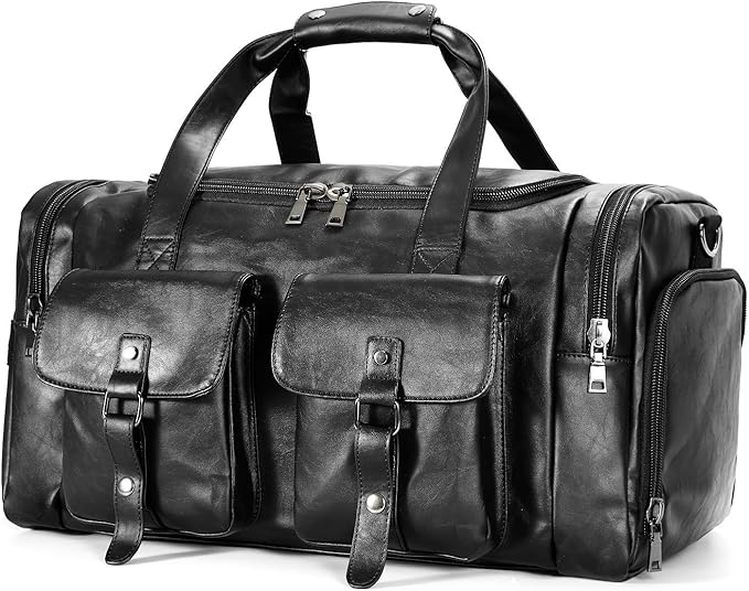 Zeroway Travel Duffel Bag with Shoe Pouch, PU leather Carry on Bag Weekender Overnight Bag for Men Women Black