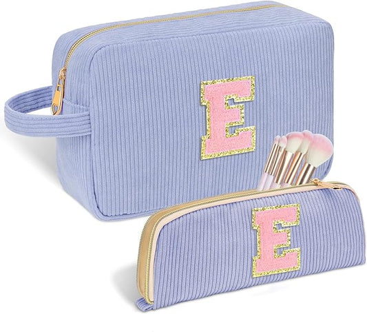 Personalized Initial Makeup Bag Trendy Stuff Corduroy Cosmetic Bag Travel Toiletry Bag, Christmas/Thanksgiving/Halloween Gifts Makeup Organizer Case for Women Girls Mom Girlfriend Wife - Blue
