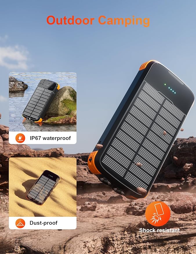 Solar Power Bank 40000mAh, Portable Charger PD 20W Fast Charging Solar Charger Power Bank Built in 4 Cables and USB-C in/Output, Camping Essentials External Battery Pack with Flashlights