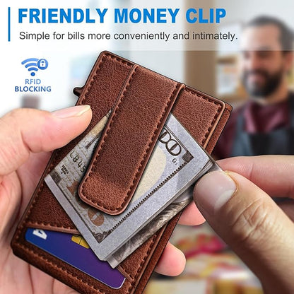 Airtag Wallet for Men,with Money Clip Gift Boxed,Slim Front Pocket Wallet RFID Blocking Metal Case Smart Pop-up Credit Card Holder in Magnetic Leather Flip