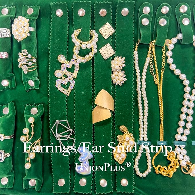 UnionPlus Velvet Travel Jewelry Case Roll Bag Organizer for Necklace Bracelet Earrings Ring, 6 PVC Pockets, Blackish Green Upgrade Version