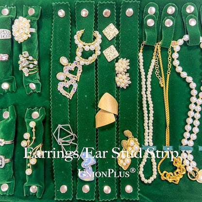 UnionPlus Velvet Travel Jewelry Case Roll Bag Organizer for Necklace Bracelet Earrings Ring, 6 PVC Pockets, Blackish Green Upgrade Version