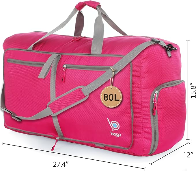 Bago Large Foldable Duffel Bags for Traveling Women & Men - 80L Packable Duffle Bag for Travel with Shoe Compartment - Water Repellant, Heavy Duty, Lightweight Folding & Collapsible (Pink)