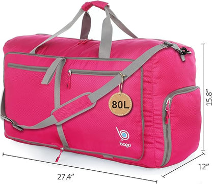 Bago Large Foldable Duffel Bags for Traveling Women & Men - 80L Packable Duffle Bag for Travel with Shoe Compartment - Water Repellant, Heavy Duty, Lightweight Folding & Collapsible (Pink)