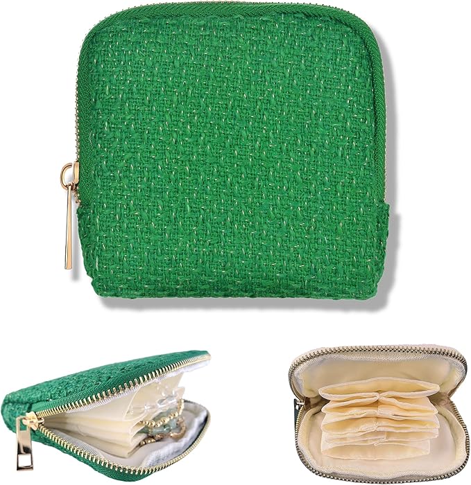 Small Travel Jewelry Case, Soft Tweed Organizer Pouch for Bangle, Bracelets, large Earrings, Beaded necklace, Anti-Scratch & Portable Jewelry Bag Holder for Travel & Everyday Use (Emerald Green)