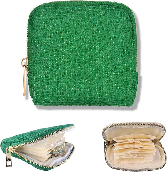 Small Travel Jewelry Case, Soft Tweed Organizer Pouch for Bangle, Bracelets, large Earrings, Beaded necklace, Anti-Scratch & Portable Jewelry Bag Holder for Travel & Everyday Use (Emerald Green)