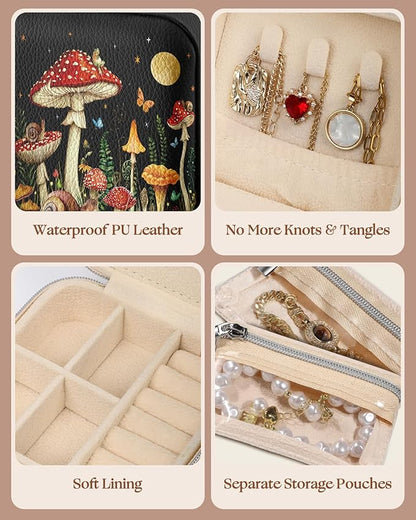 Bistup Travel Jewelry Case - Small Jewelry Organizers and Storage Box for Women Girls Teens Cute Traveling Jewelry Holder with Mirror Little Tiny Compact Modern Unique Aesthetic Pretty, Mushroom