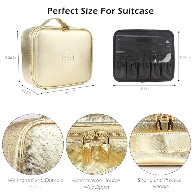 MOMIRA Travel Makeup Bag Cosmetic Bag Makeup Organizer Bag with Lighted Mirror, Adjustable Brightness in 3 Color Scenarios, Waterproof Makeup Train Case, Gift for Women - Golden