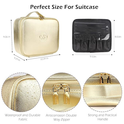 MOMIRA Travel Makeup Bag Cosmetic Bag Makeup Organizer Bag with Lighted Mirror, Adjustable Brightness in 3 Color Scenarios, Waterproof Makeup Train Case, Gift for Women - Golden