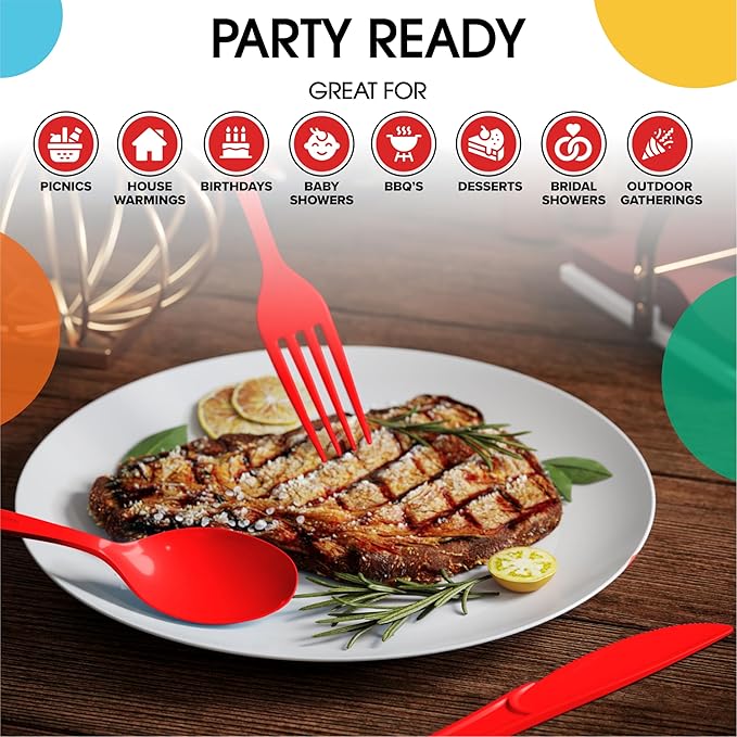 Red Plastic Silverware Heavy Duty 300 Pieces Red Disposable Silverware Heavy Duty, Utensil Sets, 100 Of Each Forks, Knives & Spoons Disposable Cutlery Set For Party Supplies