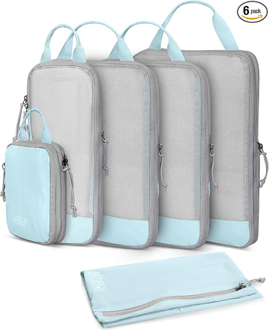 Hynes Eagle 6 Set/ 4 Set/ 2 Set Compression Packing Cubes Travel Essentials Lightweight Nylon Luggage Suitcase Organizer Bag Light Blue 6PCS