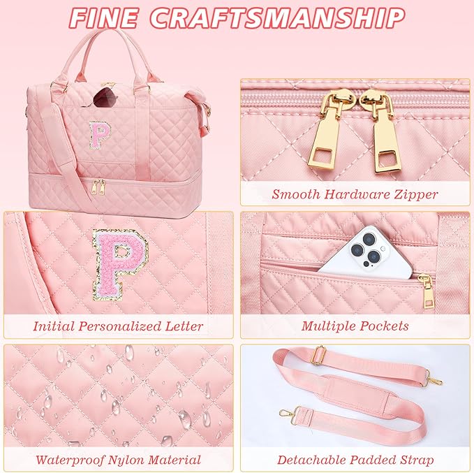 Gifts for Women Teen Girls Birthday Christmas Initial Travel Duffle Bag Quilted Weekender Bags Carry-On Overnight with Cosmetic Bag, Gym Bag with Shoe Compartment, Pink-P