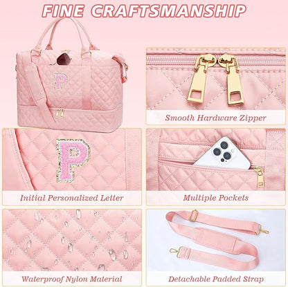 Gifts for Women Teen Girls Birthday Christmas Initial Travel Duffle Bag Quilted Weekender Bags Carry-On Overnight with Cosmetic Bag, Gym Bag with Shoe Compartment, Pink-P