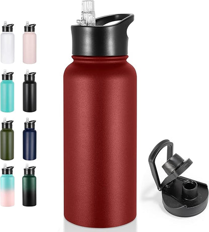 VEGOND 32 oz Insulated Water Bottle Stainless Steel Metal Water Bottles with Leak Proof Straw Lid & Spout Lid, Wide Mouth Double Walled Vacuum Travel Sports Bottle, Red