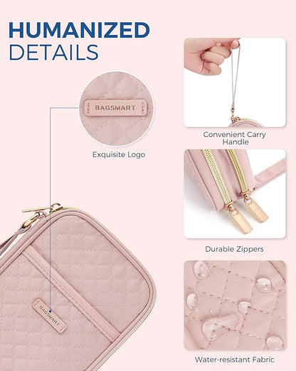 BAGSMART Electronic Cord Cable Organizer Travel Bag Case, Double Layers Tech Electronic Bag, Essentials for Charger, Cable, Phone, Flash drive, Pink