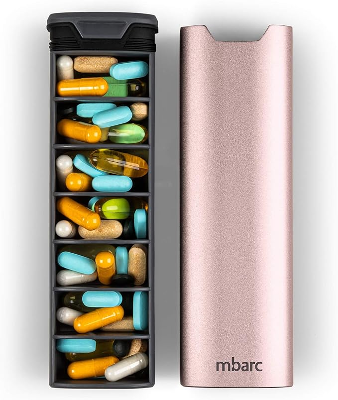 7 Day Weekly Pill Organizer by mbarc - Premium Stylish Aluminum and Wood Large Capacity Pill Box for Supplements, Pills, Vitamins and Medicine.