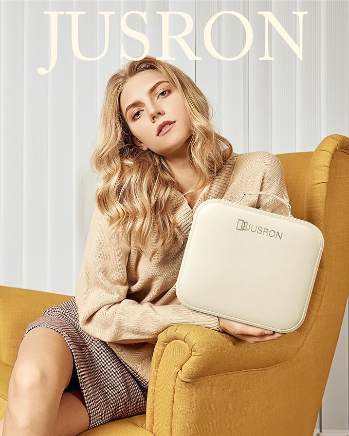 JUSRON Travel Makeup Bag With LED Mirror, Cosmetic Train Case with Light up Mirror, Portable Makeup Artist Organizer Bag with Adjustable Dividers, Makeup Brush Holder Storage (White, Medium)