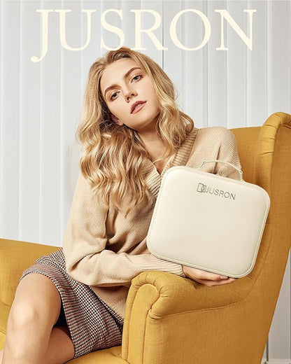 JUSRON Travel Makeup Bag With LED Mirror, Cosmetic Train Case with Light up Mirror, Portable Makeup Artist Organizer Bag with Adjustable Dividers, Makeup Brush Holder Storage (White, Medium)