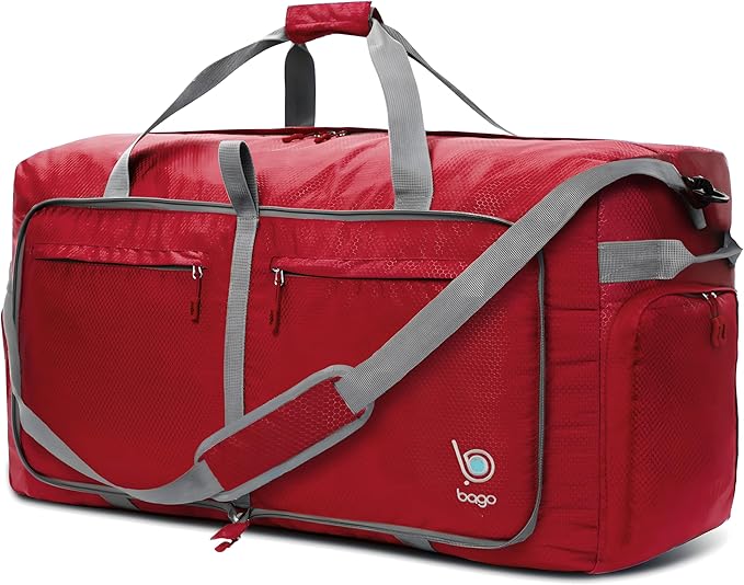 Bago Big XXL Foldable Duffel Bags for Traveling Women & Men - 140L Packable Duffle Bag for Travel with Shoe Compartment - Water Repellant, Heavy Duty, Lightweight Folding & Collapsible (Red)