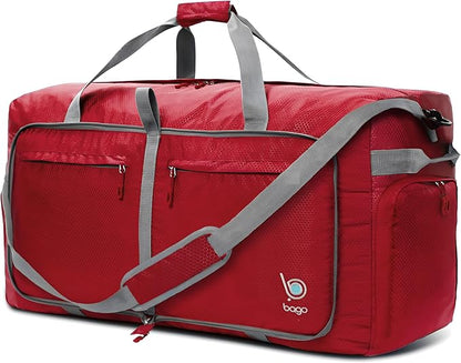 Bago Big XXL Foldable Duffel Bags for Traveling Women & Men - 140L Packable Duffle Bag for Travel with Shoe Compartment - Water Repellant, Heavy Duty, Lightweight Folding & Collapsible (Red)