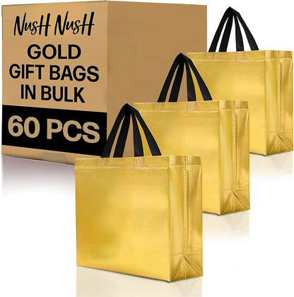 Nush Nush Shiny Gold Gift Bags Bulk – Set of 60 Reusable Gold Gift Bags With Handles - Perfect Goodie Bags Christmas Gifts, Birthday Party Favors, Small Business, Events, Weddings - 13Wx5Dx11H Size