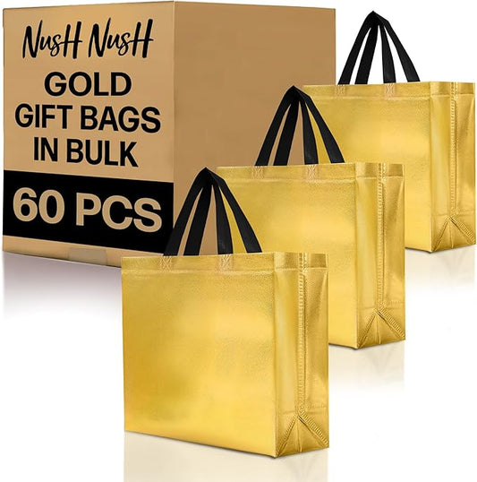 Nush Nush Shiny Gold Gift Bags Bulk – Set of 60 Reusable Gold Gift Bags With Handles - Perfect Goodie Bags Christmas Gifts, Birthday Party Favors, Small Business, Events, Weddings - 13Wx5Dx11H Size
