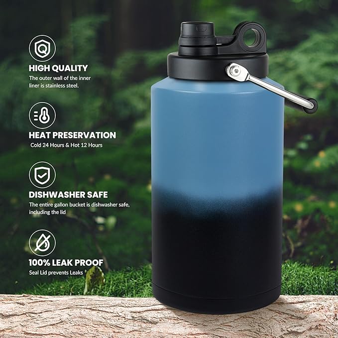 1 Gallon Water Jug Bottle Insulated, 128oz Stainless Steel Water Bottle Jug Wide Mouth Double Vacuum Dishwasher Safe BPA Free for Hot & Cold Drinks Gradient Blue