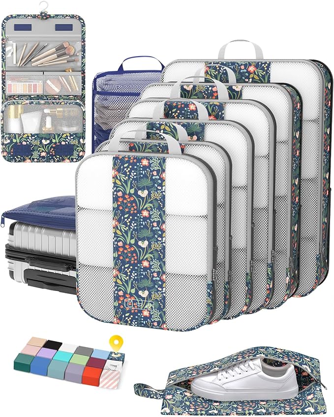 10 Set Compression Packing Cubes for Travel Essentials,Compressible Expandable Packing Cubes for Suitcase,OlarHike Luggage Organizer Bags,Handy Helper for Organizing Clothes(Dark Blue Floral)