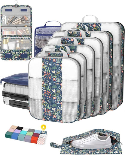 10 Set Compression Packing Cubes for Travel Essentials,Compressible Expandable Packing Cubes for Suitcase,OlarHike Luggage Organizer Bags,Handy Helper for Organizing Clothes(Dark Blue Floral)
