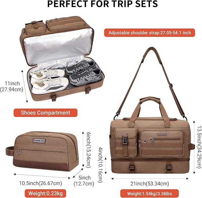 WITZMAN Duffle Bag for Men 50L Canvas Weekender Overnight Bag with Toiletry Bag Sets Travel Duffel Bag Shoes Compartment（A8010-2 Brown）