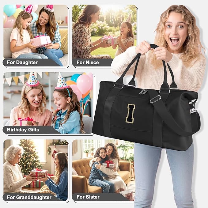 Dance Gym Duffel Bag for Teen Girls, Personalized Initial Travel Weekender Bag,Cute Overnight Carry On Duffle for Women,Sports Travel Cheer Bag,Monogram Christmas Gifts for Tween Preppy(black-I)