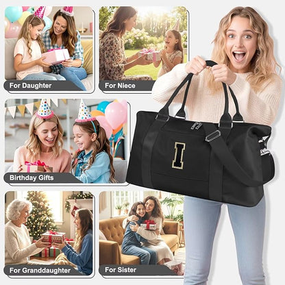 Dance Gym Duffel Bag for Teen Girls, Personalized Initial Travel Weekender Bag,Cute Overnight Carry On Duffle for Women,Sports Travel Cheer Bag,Monogram Christmas Gifts for Tween Preppy(black-I)