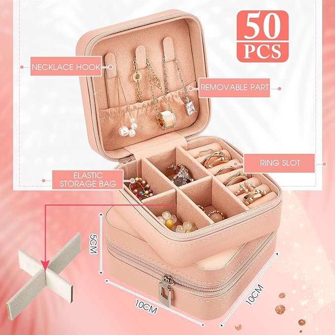 Taiyin 50 Pcs Travel Jewelry Case Box Bridesmaid Gifts Bulk Travel Jewelry Cases Boxes Small Jewels Organizers Mini Accessories Ornaments Storage for Women Girls Wedding Gifts (Pink)