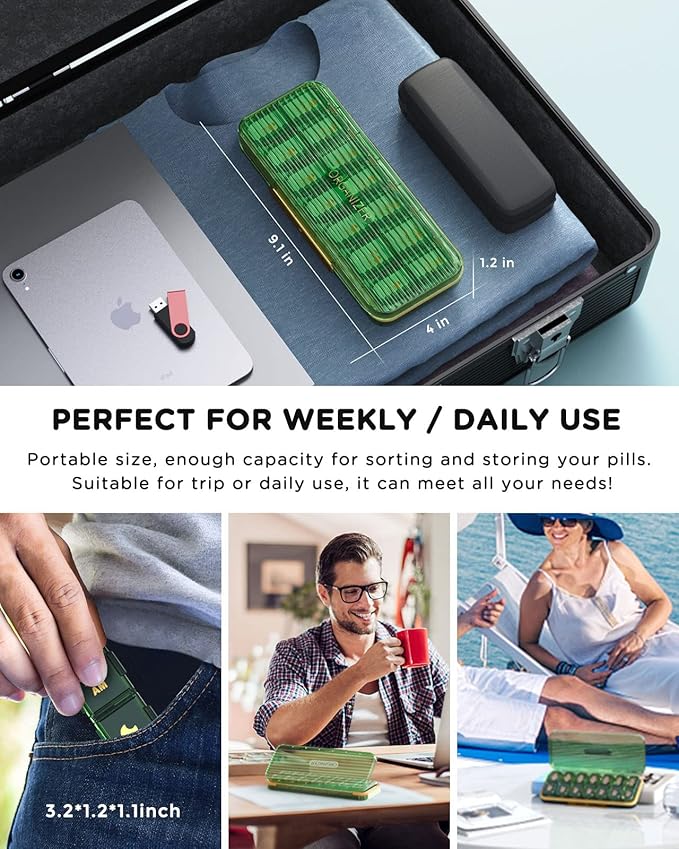 Pill Organizer 2 Times A Day, 7 Day Am Pm Pill Box - Acedada Weekly Pill Organizer with Separate Container, Portable Daily Medicine Planner Dispenser Case for Vitamin, Fish Oils, Supplements, Green