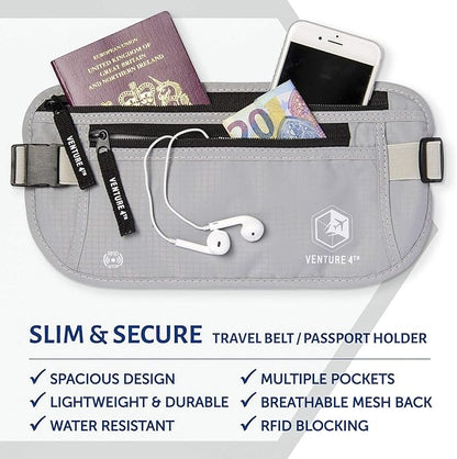 VENTURE 4TH Travel Money Belt - Slim Passport Holder RFID Blocking Travel Pouch to Protect Cash, Credit Cards and Travel Documents (Silver)
