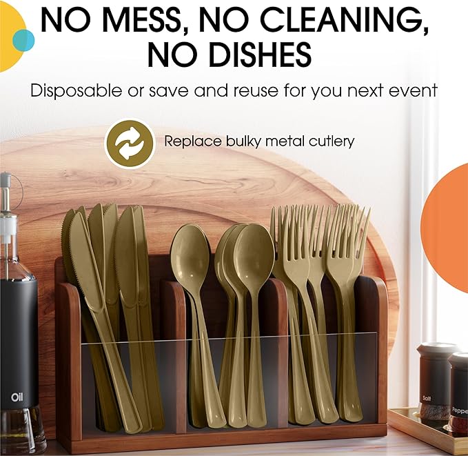 Gold Plastic Silverware Heavy Duty 300 Pieces Gold Disposable Silverware Heavy Duty, Utensil Sets, 100 Of Each Forks, Knives & Spoons Disposable Cutlery Set For Party Supplies