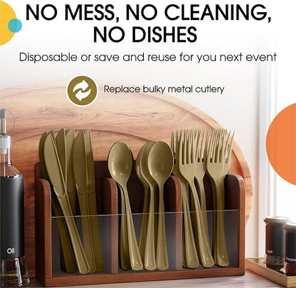 Gold Plastic Silverware Heavy Duty 300 Pieces Gold Disposable Silverware Heavy Duty, Utensil Sets, 100 Of Each Forks, Knives & Spoons Disposable Cutlery Set For Party Supplies