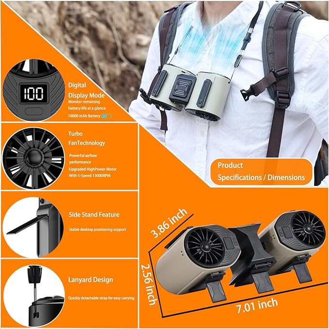 Portable Waist Fan Detachable Double Fan Combination Turbo Technology10000 mAh 5-Speed 13000RPM Clip On Belt Wearable Personal Neck Fan for Traveling Outdoor Jobsite Camping WZ-ruijiang (GREEN +BLACK)