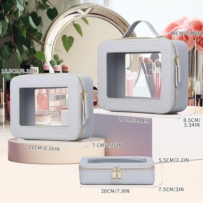 Pinkmik Clear Makeup Bag with Brush Bag 3pcs Waterproof Travel Case for Cosmetics and Toiletries Women's Makeup Organizer with Zipper (Gray, L+M+SLIM)
