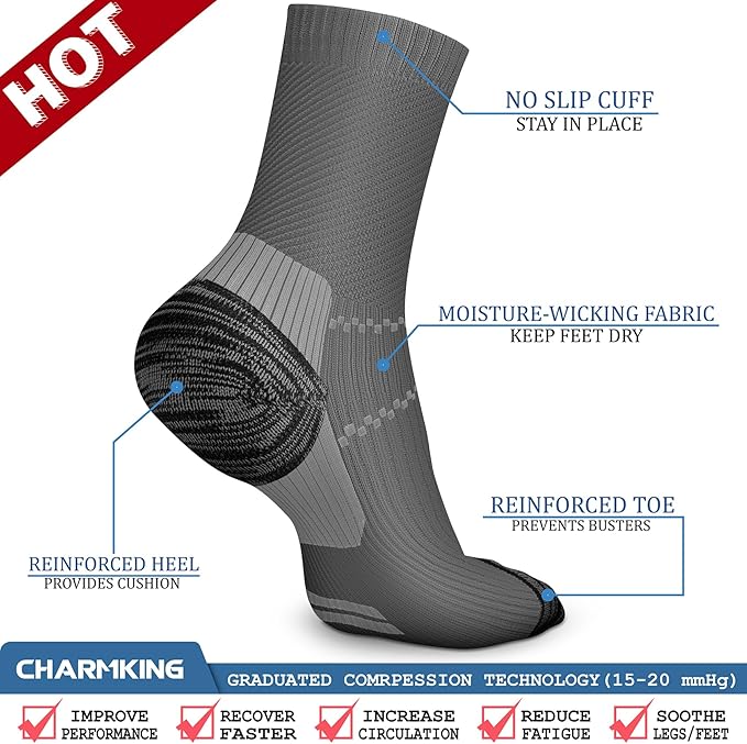 CHARMKING 6 Pairs Crew Compression Socks for Women & Men Circulation 15-20 mmHg is Best for All Day Wear Running Nurse