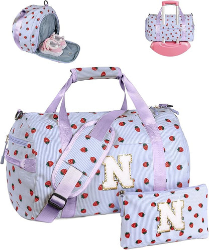 Dance Recital Gifts for Daughter, Girls Gym Bag, Kids Personalized Overnight Duffle Bags with Shoe Compartment, Monogram Travel Tote with Makeup Bag, Preppy Stuff (Letter N)