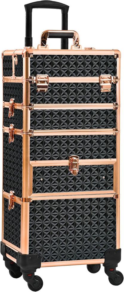 Makeup Train Case with Drawer, Rolling Makeup Case, Cosmetology Case on Wheels, Gift, Large Makeup Case Organizers, Professional for Salon Barber, Nail, Tattoo, Black Gold