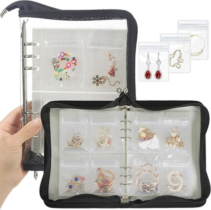 AOLEIXIYA Jewelry Organizer Book Clear Travel earring book organizer Transparent Jewelry Book with Zipper Pouch Bags (Black,With 80 PCS Small Jewelry Bags)