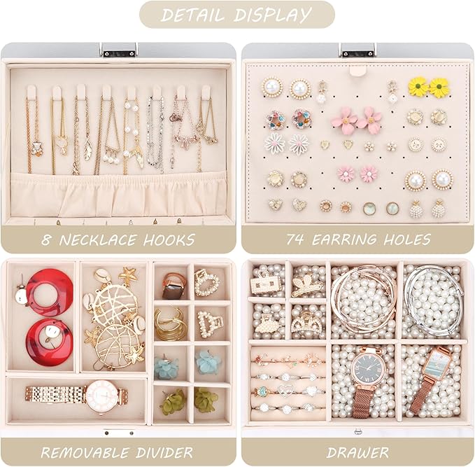 DesignSter Jewelry Organizer Box, 2 Layers Large Jewelry Box with Travel Jewelry Case, Leather Jewelry Storage Case for Rings Earrings Bracelets Necklaces (Beige)