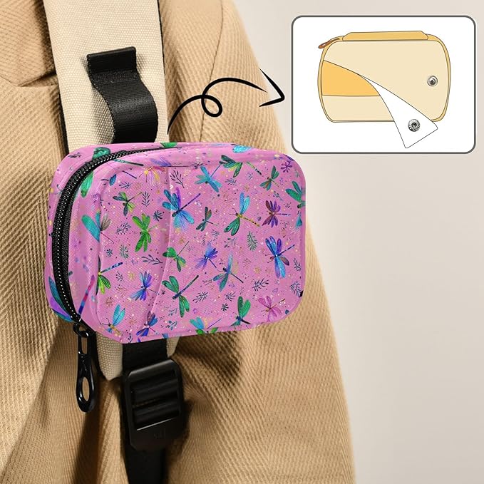 Deep Pink Dragonflies and Leaves Travel Pill Organizer Case Box Container Weekly Portable Vitamin Medicine Holder Storage Bag with Zipper Removable