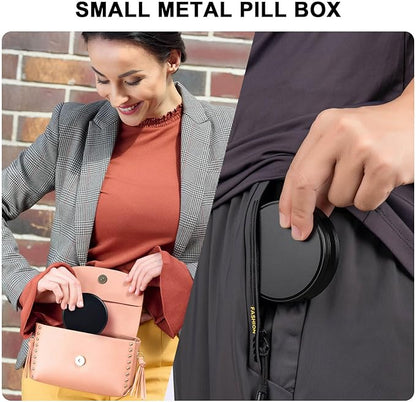 Daily Pill Organizer 4 Compartments - Metal Daily Small Pill Case Waterproof, Travel Pill Box for Purse, Compact Medicine Container Pill Dispensers Holder for Vitamin, Fish Oil, Supplement (Black)