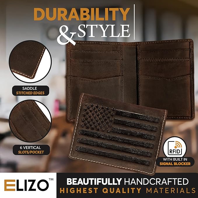 ELIZO Leather Short Wallet for Men Western Wallet Rodeo Mens Wallet Flat Bifold Wallets for Men Biker Billfold Wallet for Men Cowboy Wallet RFID Wallet for Men with Credit Card Holder - Large Flag