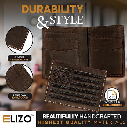 ELIZO Leather Short Wallet for Men Western Wallet Rodeo Mens Wallet Flat Bifold Wallets for Men Biker Billfold Wallet for Men Cowboy Wallet RFID Wallet for Men with Credit Card Holder - Large Flag
