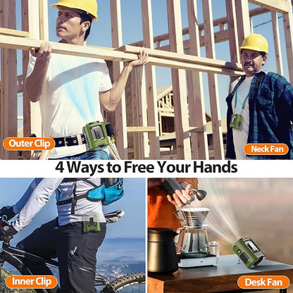 Portable Mini Waist Fan - Personal Wearable Clip on Belt Fan, Rechargeable Battery Operated, Max 25H Cooling,4 Speeds 13000RPM Turbo Hands-Free Shirt Neck Fan for Outdoor Jobsite Camping Traveling