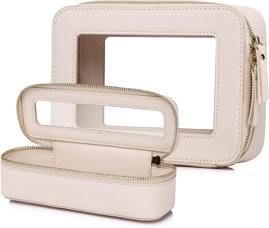 Pinkmik Travel Clear Makeup Bag with Brush Case TSA Approved Toiletry Bag Waterproof Cosmetic Organizer with Zipper Car Essential for Women (Beige, M+SLIM)